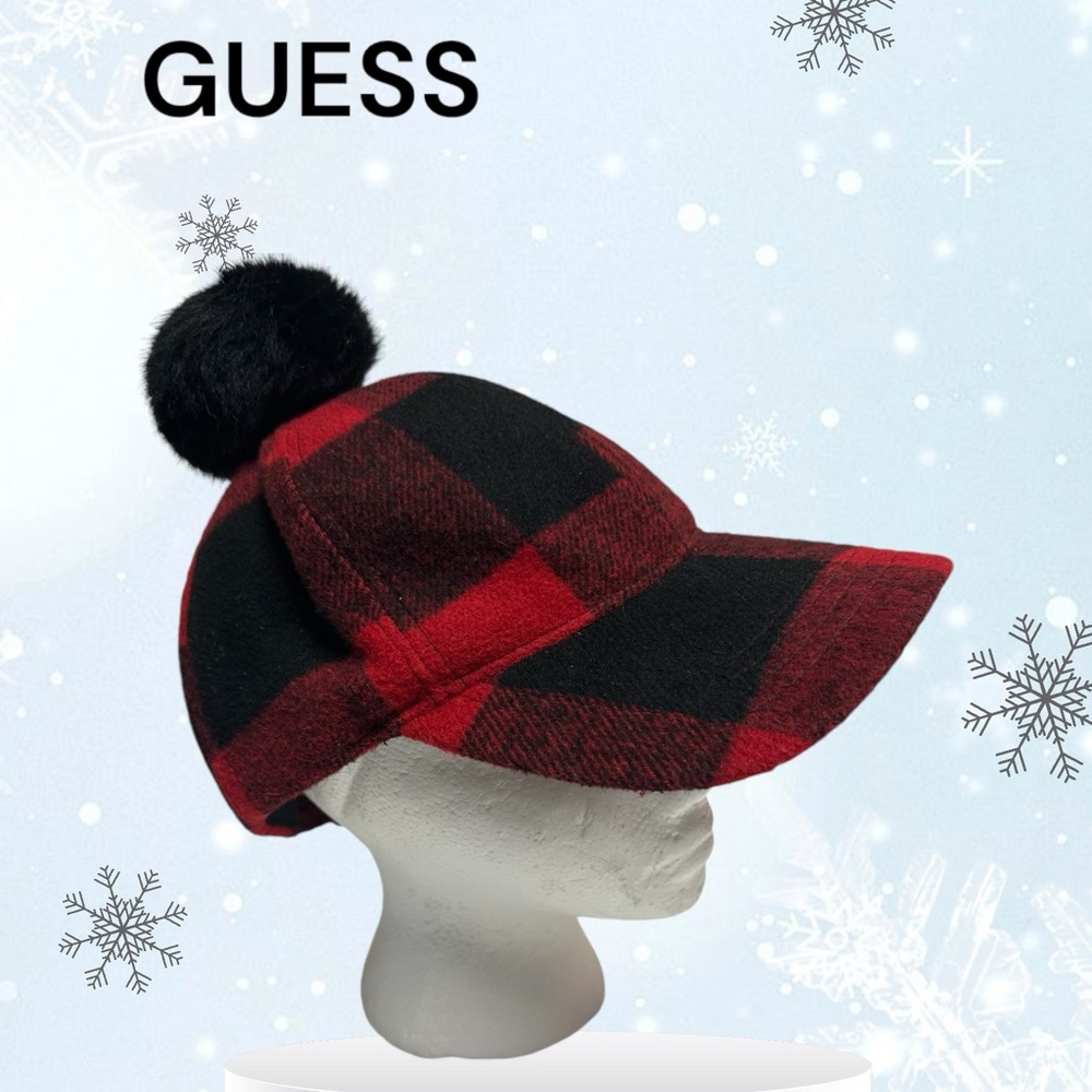 G By Guess buffalo plaid baseball cap with a pom pom on top. Red and black .